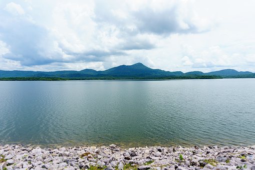 panorama view of big lagoon with blue sky and cloud and mountain background. maemoh, thailand