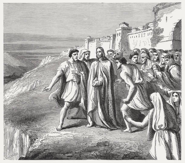 Jesus Rejected at Nazareth (Mark 4, 29), published in 1886 Jesus Rejected at Nazareth (Mark 4, 29). Wood engraving, published in 1886. jesus christ of nazareth stock illustrations