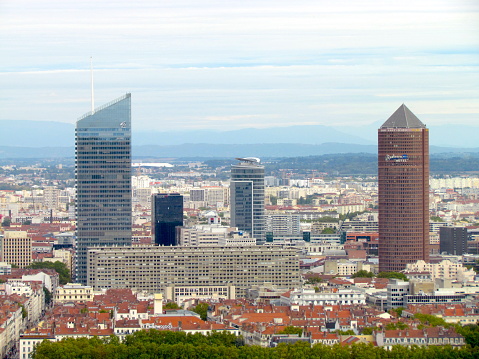 Lyon France, 3 October 2017: Aerial view on La Part-Dieu central business district skyline with Incity and Crayon towers