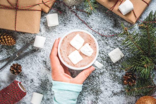 istock Christmas background with gifts and hot chocolate 858177744