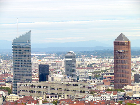 Lyon France, 3 October 2017: Aerial view on La Part-Dieu central business district skyline with Incity and Crayon towers