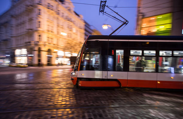istock Tram at night in Prague, panning effect 858181978