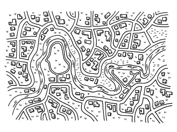 Generic City Map With River Drawing Hand-drawn vector drawing of a Generic City Map with a River. Black-and-White sketch on a transparent background (.eps-file). Included files are EPS (v10) and Hi-Res JPG. imaginary city map stock illustrations
