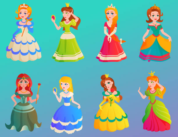 ilustraciones, imágenes clip art, dibujos animados e iconos de stock de ilustración de vector de carácter princesa adorble lindo niñas vestido de diferentes - realeza de mónaco