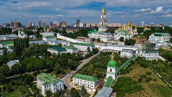 Aerial top view of Kiev Pechersk Lavra churches on hills from above, Kyiv city, Ukraine
