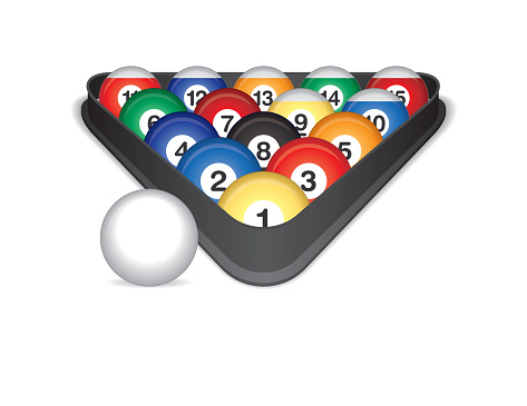 billiard balls cued in rack on a white background with shadows