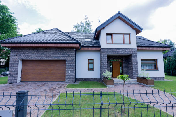istock Modern house exterior with brick walls 858216536