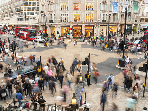 Horizontal high angle color image of the famous Oxford Circus crossing in London.