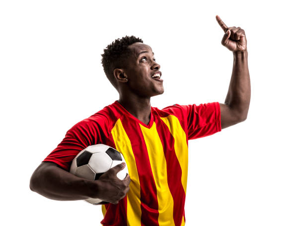 istock Fan / Sport Player on red and yellow uniform celebrating on white background 858225930