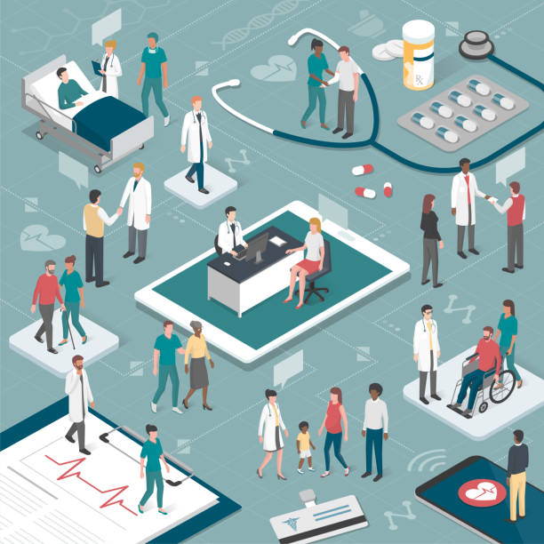 People and healthcare Doctors and nurses taking care of the patients and connecting together online: healthcare and technology concept doctors office stock illustrations
