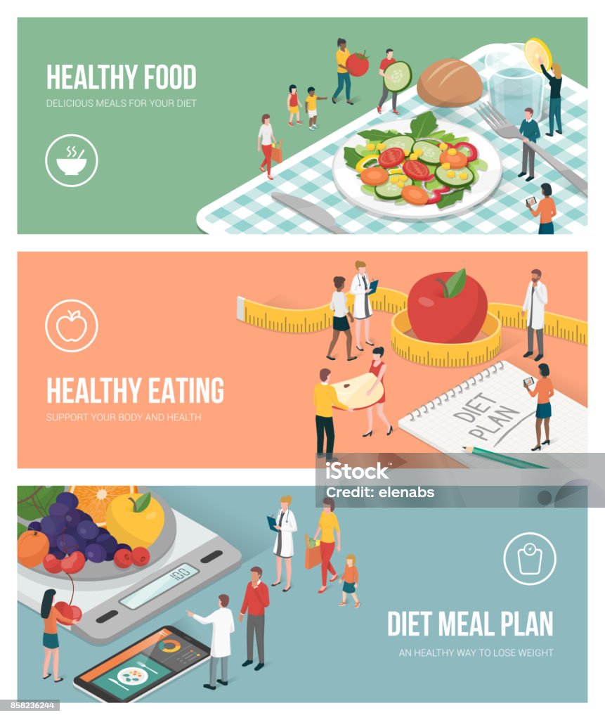 Nutrition, diet and healthy lifestyle Nutrition diet and healthy lifestyle banners set: people preparing food and planning an healthy diet Nutritionist stock vector