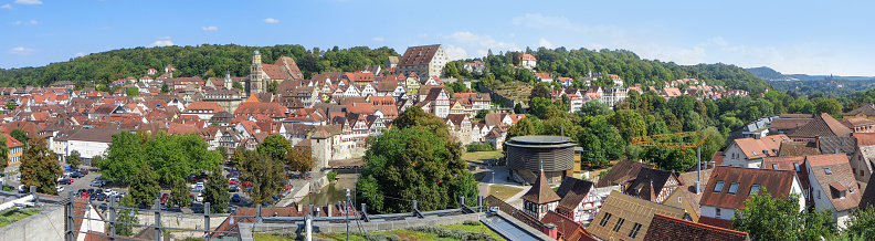 sunny panoramic high angle view of Schwäbisch Hall, a town in Southern Germany