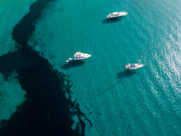 vista aérea de atracados barcos flutuando em um mar transparente. mergulho de relaxamento e férias de verão. riviera francesa, córsega. frança - sub sea - fotografias e filmes do acervo