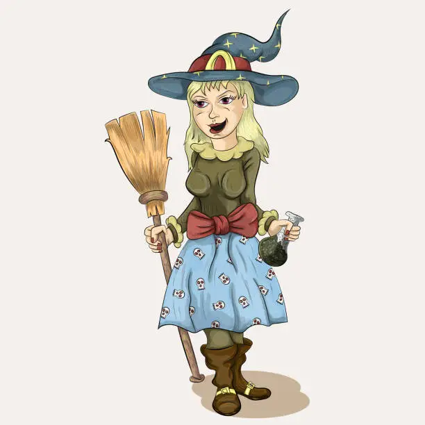 Vector illustration of girl witch with a broom for flying and a bulb for a potion