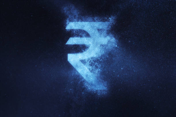 Indian Rupee sign, Indian Rupee symbol. Abstract night sky background