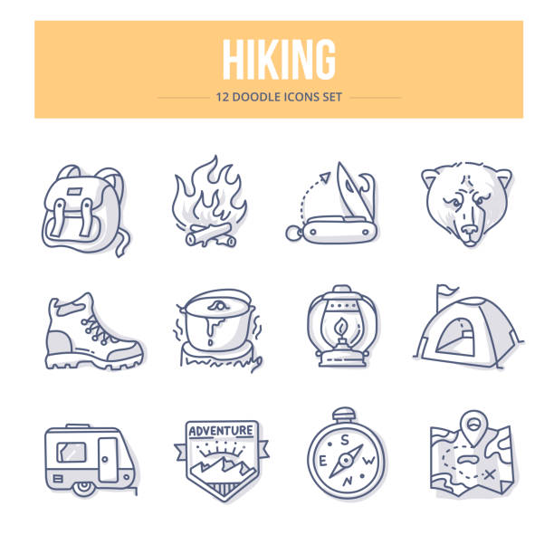 ilustrações de stock, clip art, desenhos animados e ícones de hiking doodle icons - compass hiking map hiking boot