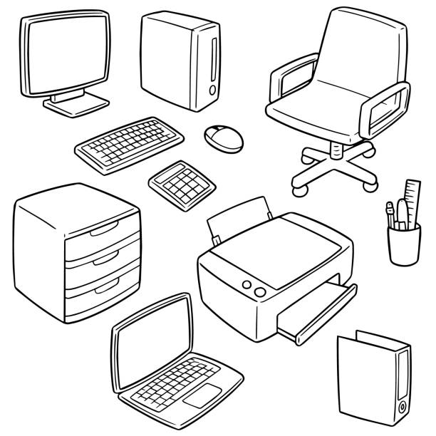 office accessories vector set of office accessories computer tower stock illustrations