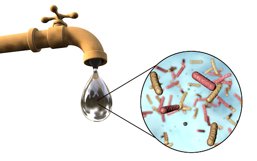 Safety of drinking water concept, 3D illustration showing old tap with dirty water and close-up view of water-borne microbes