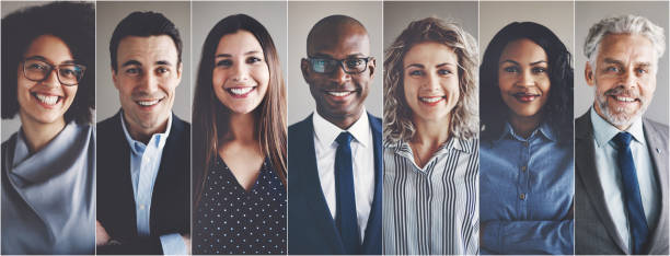 Smiling group of ethnically diverse businessmen and businesswomen Collage of portraits of an ethnically diverse and mixed age group of focused business professionals mixed age range photos stock pictures, royalty-free photos & images