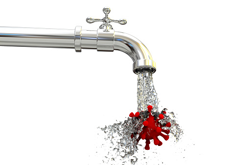 Safety of drinking water concept, 3D illustration showing tap water contaminated with virus