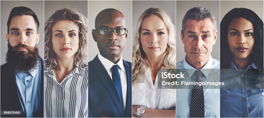 Focused group of ethnically diverse professional businessmen and businesswomen Collage of portraits of an ethnically diverse and mixed age group of focused business professionals Serious Stock Photo