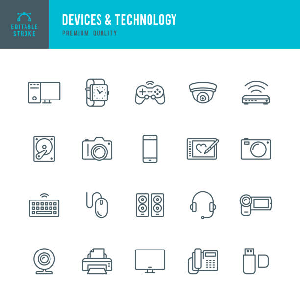 устройства и технологии - тонкая линия значок набор - usb flash drive data symbol computer icon stock illustrations