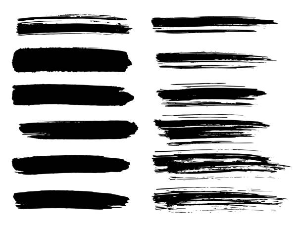 ilustrações de stock, clip art, desenhos animados e ícones de painted grunge stripes set. black labels, background, paint texture. brush strokes vector. handmade design elements. - stained