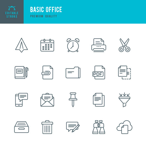 ilustrações, clipart, desenhos animados e ícones de office básico - conjunto de ícones de linha fina - pdf symbol document icon set