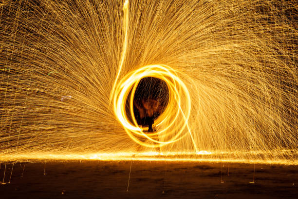 istock Spin the fire Night show, Spin Fire show on the beach Thailand 858285838