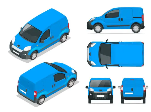Vector illustration of Small Van Car. Isolated car, template for car branding and advertising. Front, rear , side, top and isometry front and back. Change the color in one click. All elements in groups on separate layers.