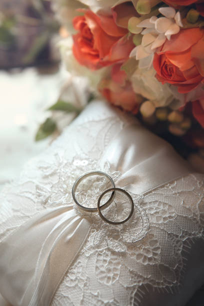 istock Wedding rings on the lace pillow 858302722