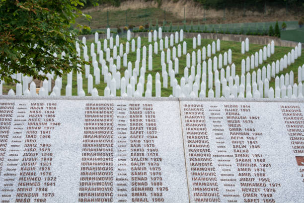 Srebrenica, Bosnia and Herzegovina - JULY 9, 2017: Potocari, Srebrenica memorial and cemetery for the victims of the genocide, memorial of Srebrenica massacre in Bosnia and Herzegovina with gravestones in the background