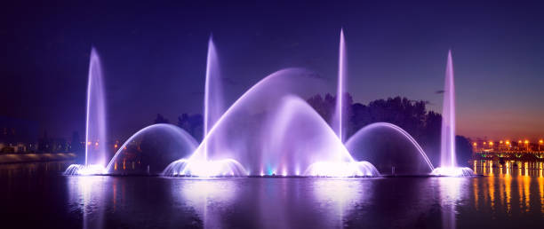 Multimedia Fountain in Vinnytsia. Sunset view Sunset view of multimedia floating Fountain in Vinnytsia, Ukraine. Built on Southern Buh river vinnytsia stock pictures, royalty-free photos & images