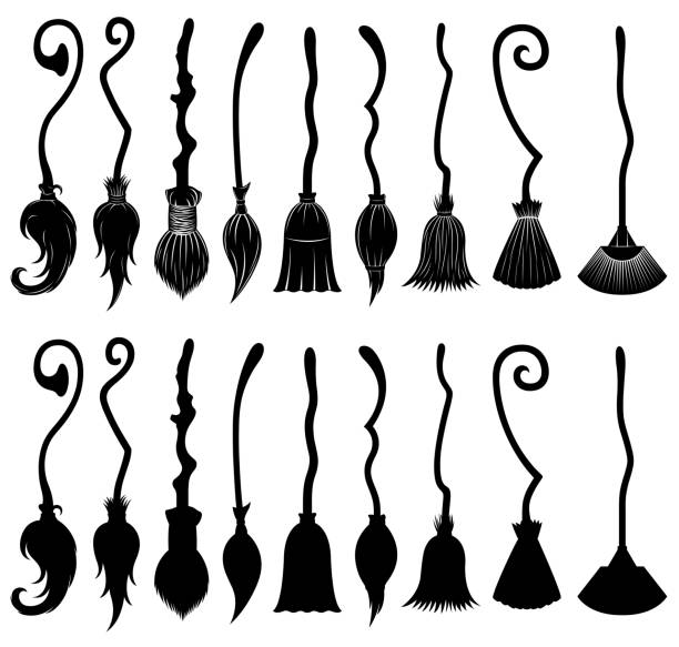 Set of different witch brooms Set of different witch brooms isolated witch stock illustrations