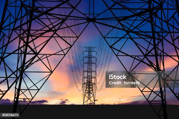 High Voltage Tower And Colorful Sky Stock Photo - Download Image Now - Fuel and Power Generation, Electrical Grid, Electricity