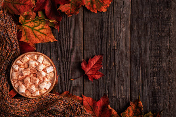 istock Autumn background with hot chocolate, knitted scarf, multi-colored leaves. 858319622