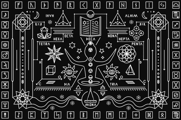 Trendy mystic background Stroke graphic collage. Trendy mystic pattern for occult, magic, masonic and Halloween topics. illuminati stock illustrations