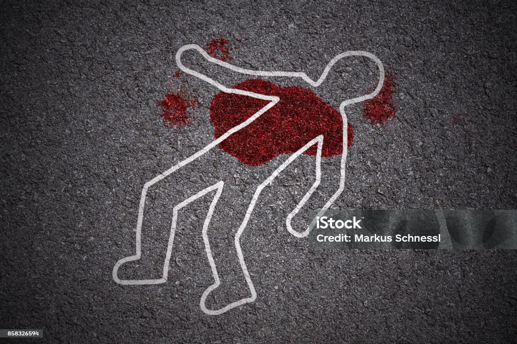 crime scene on street white shape of body and blood stains on asphalt texture Murder Stock Photo