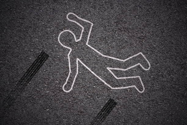 crime scene - car accident white shape of body and skidmarks on asphalt texture street skid marks stock pictures, royalty-free photos & images