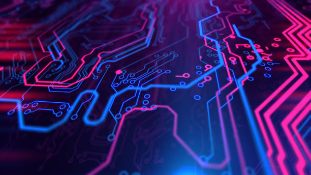 istock Purple, violet, blue neon background with digital integrated network technology. 858334338