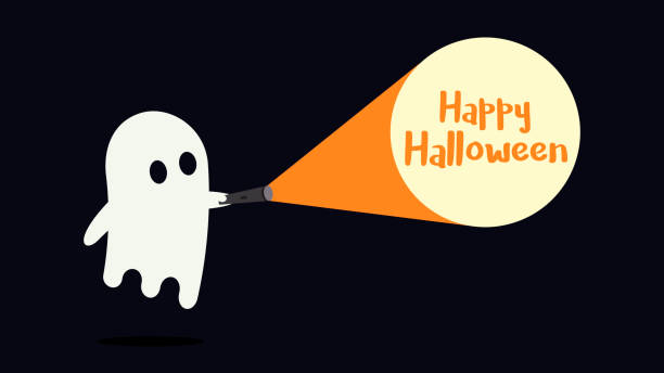 с импатичный призрак характер только что нашел счастливое сообщение хэллоуина с фонариком - haunted house stock illustrations