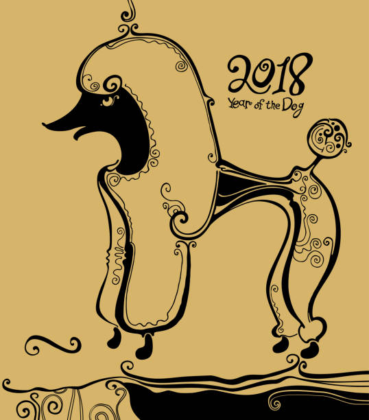 Poodle. Poodle. Black tracery graphics on a golden background. Year of the dog. 2018. Illustration of a funny curly-haired dog. cursive letters tattoos silhouette stock illustrations