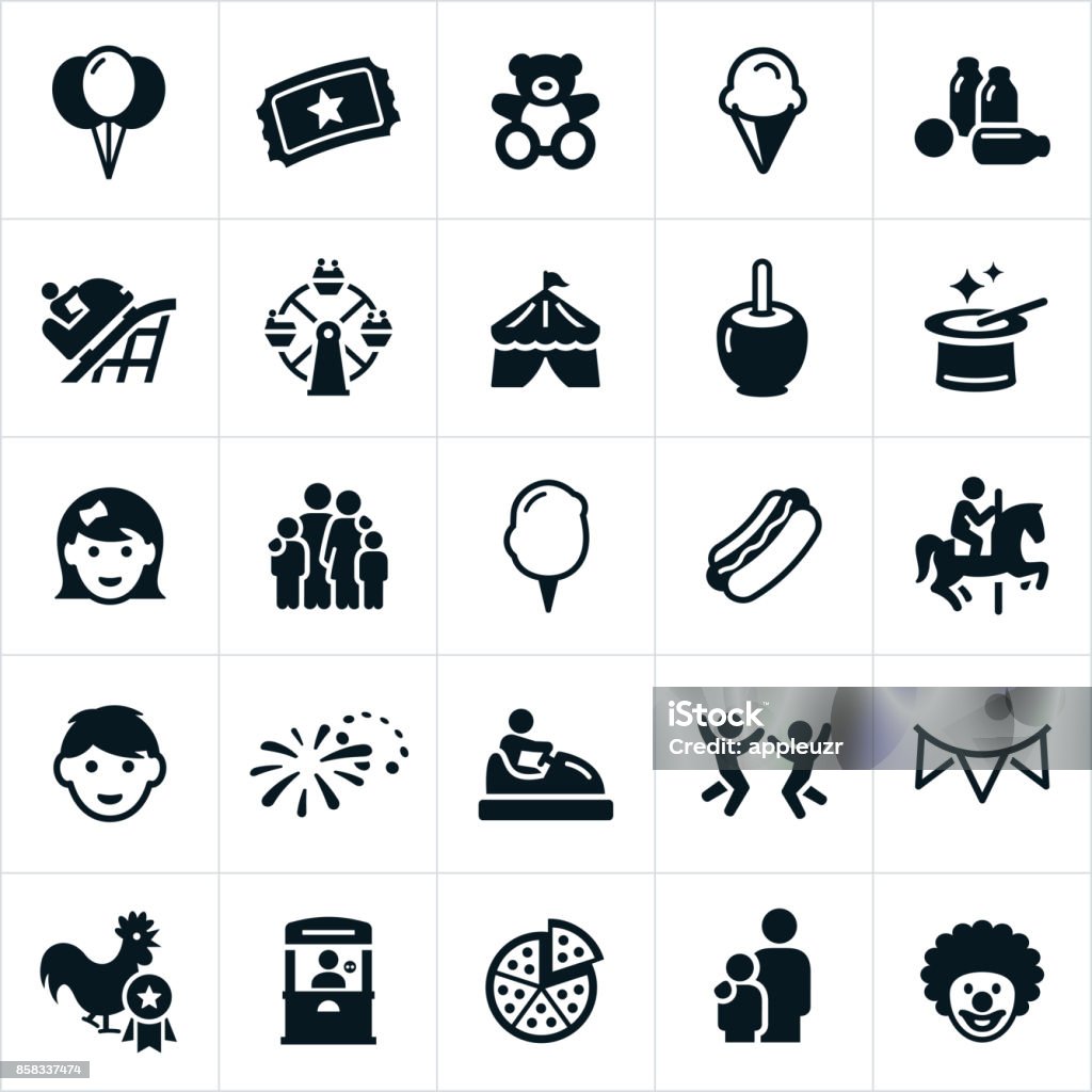 Fun Fair Icons Icons related to a fair or carnival. The icons include balloons, admission ticket, teddy bear, ice cream cone, games, roller coaster, ferris wheel, circus tent, magician hat, boy, girl, family, cotton candy, hot dog, bumper cars, fireworks and clown to name a few. Traveling Carnival stock vector