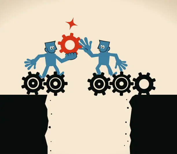 Vector illustration of Two Businessmen adding a cog gear on a big gear bridge to cross cliffs (abyss)