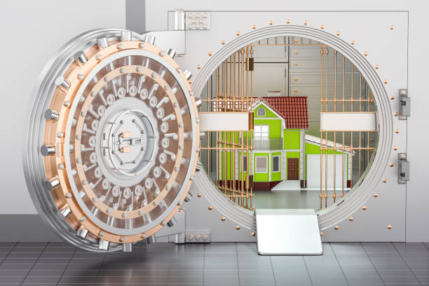 istock Home inside bank vault. House security and protection concept, 3D rendering 858352622