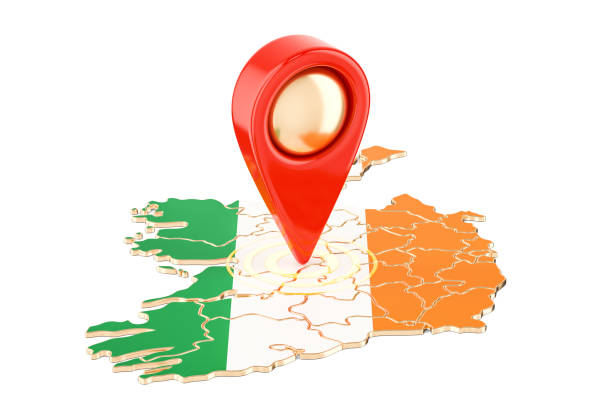 Map pointer on the map of Ireland, 3D rendering isolated on white background