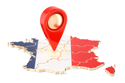 Map pointer on the map of France, 3D rendering isolated on white background