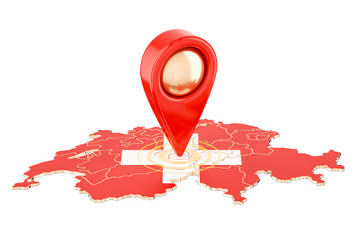 Map pointer on the map of Switzerland, 3D rendering isolated on white background
