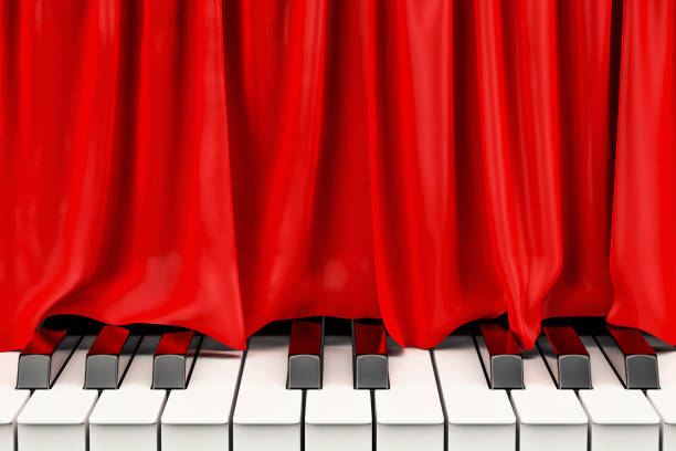 Piano keyboard with red curtain, music concert concept. 3D rendering
