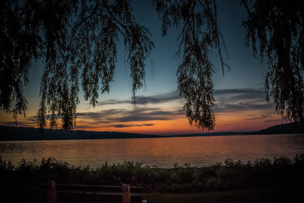 Cayuga Lake Summer Sunset This image was taken in Stewart Park, Ithaca, New York. This image features hanging branches and a bench in the foreground, and Cayuga Lake in the background during a summer sunset in July 2017 ithaca stock pictures, royalty-free photos & images
